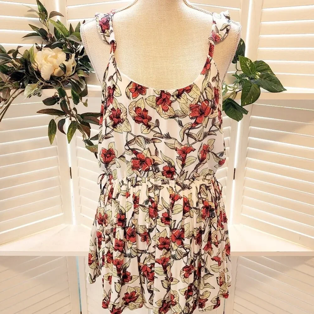 FREE PEOPLE DEAR YOU BACK LESS RUFFLE FLORAL ORANGE GREEN SIZE MED - Picture 2 of 9